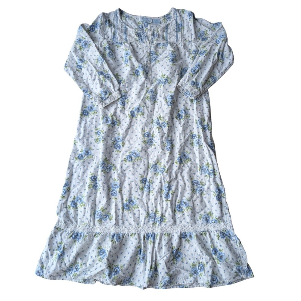 Vtg‎ Ashley Taylor Womens Sleepwear Nightgown Floral Blue White Cotton Flannel M